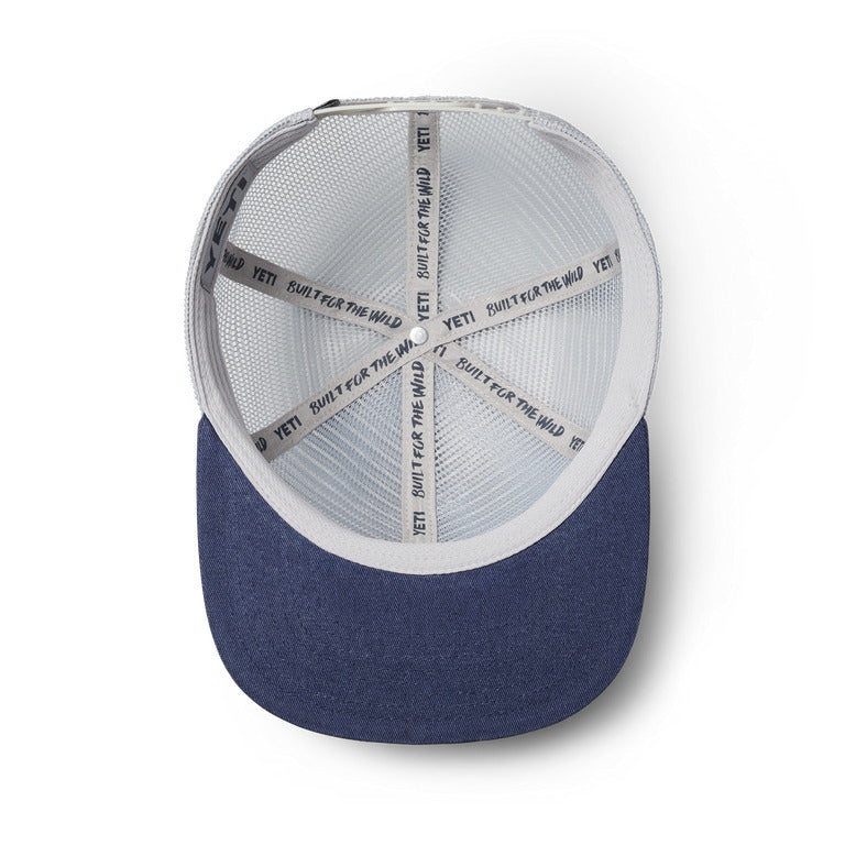 Yeti Velcro Badge Flat Brim Mesh Hat - Grey/Navy | Eco-Friendly Recycled Fishing Net Brim