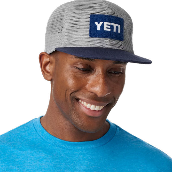 Yeti Velcro Badge Flat Brim Mesh Hat - Grey/Navy | Eco-Friendly Recycled Fishing Net Brim