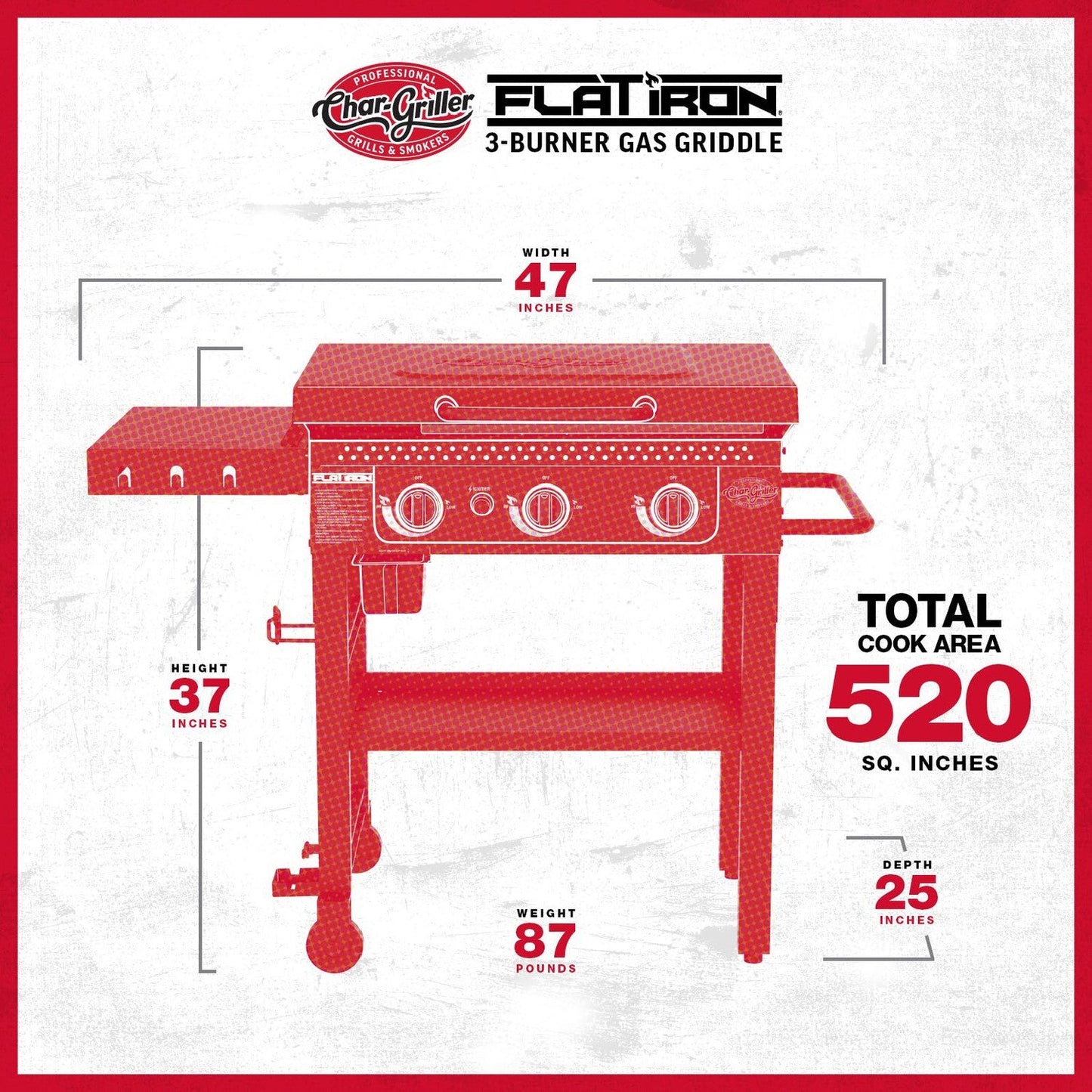 Char-Griller 3-Burner Flat Iron Gas Griddle Plancha BBQ - 520 Sq. In. Cooking Area, 36,000 BTUs