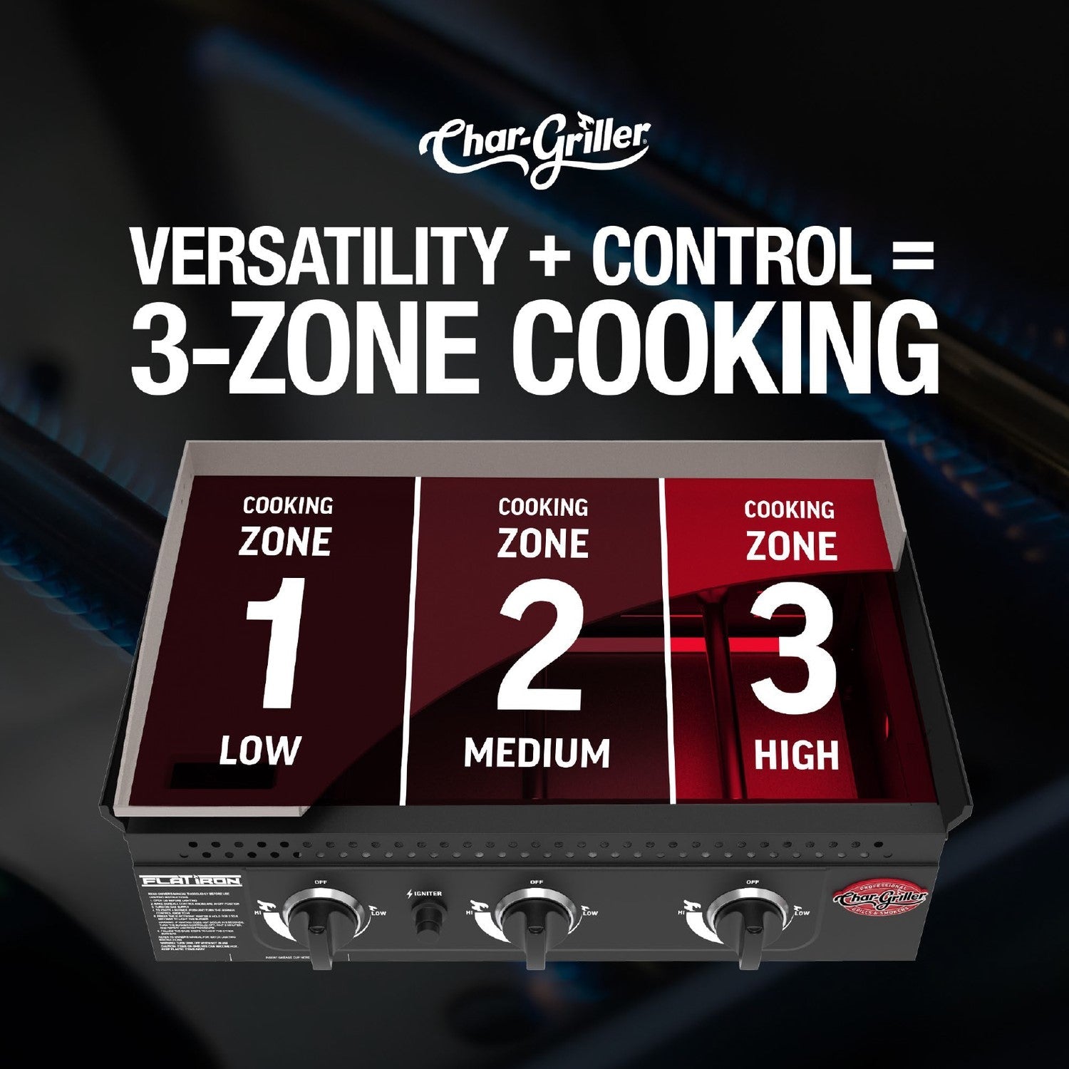 Char-Griller 3-Burner Flat Iron Gas Griddle Plancha BBQ - 520 Sq. In. Cooking Area, 36,000 BTUs