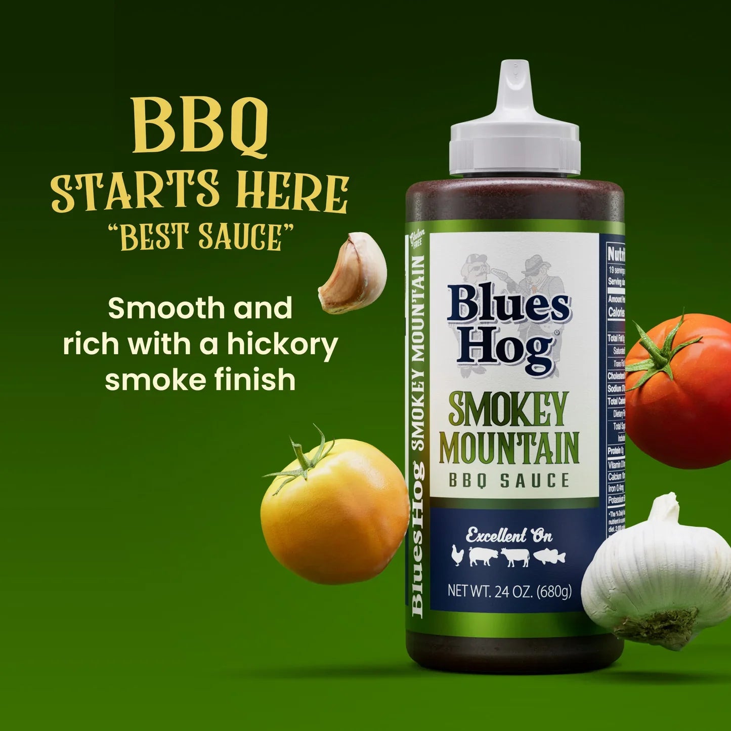 Blues Hog Smokey Mountain BBQ Sauce - 680g Squeeze Bottle - Rich Hickory Smoked Flavor for Ribs, Pork, Chicken, and Beef