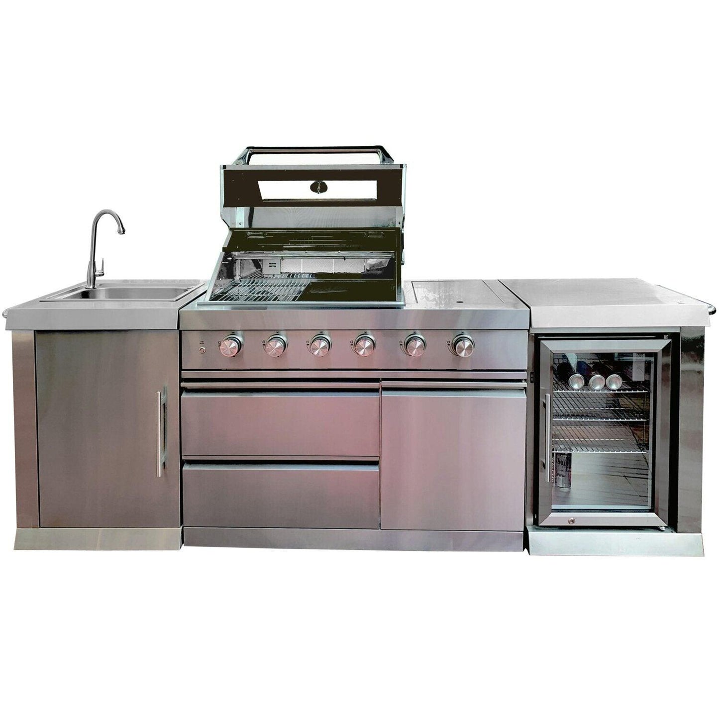 Buschbeck Oxford 4-Burner Stainless Steel Outdoor Kitchen with Built-in Fridge, Sink, and Side Burner