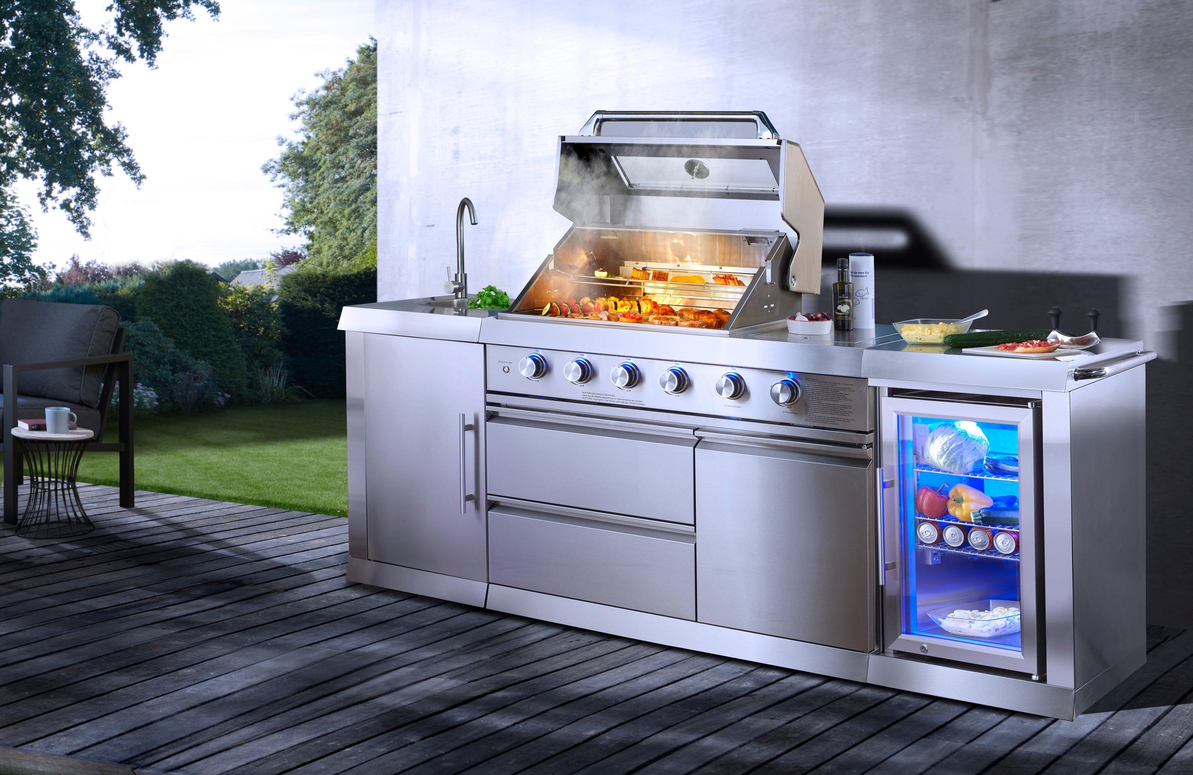 Buschbeck Oxford 4-Burner Stainless Steel Outdoor Kitchen with Built-in Fridge, Sink, and Side Burner