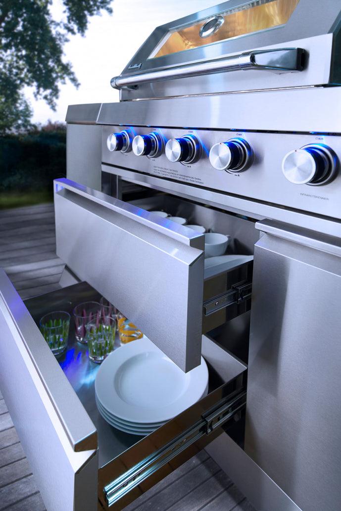 Buschbeck Oxford 4-Burner Stainless Steel Outdoor Kitchen with Built-in Fridge, Sink, and Side Burner