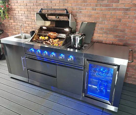 Buschbeck Oxford 4-Burner Stainless Steel Outdoor Kitchen with Built-in Fridge, Sink, and Side Burner