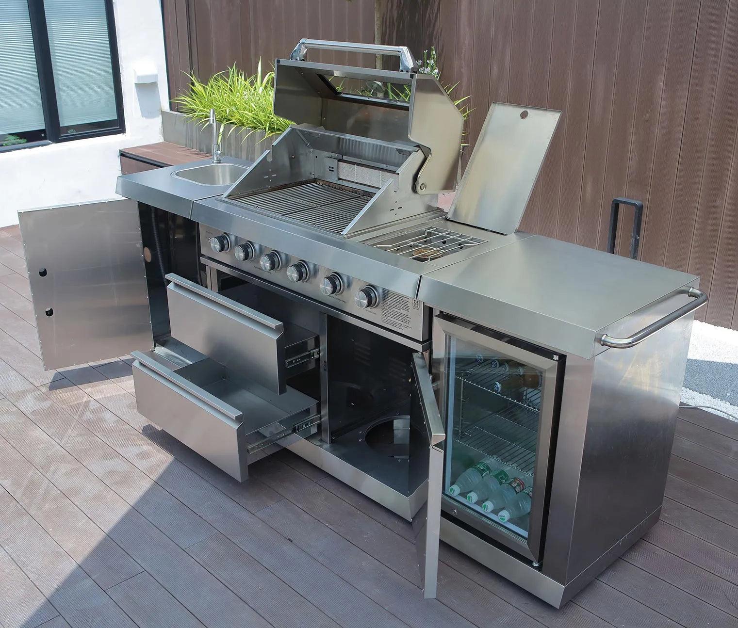 Buschbeck Oxford 4-Burner Stainless Steel Outdoor Kitchen with Built-in Fridge, Sink, and Side Burner