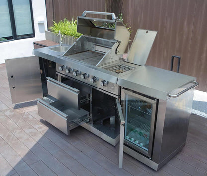 Buschbeck Oxford 4-Burner Stainless Steel Outdoor Kitchen with Built-in Fridge, Sink, and Side Burner