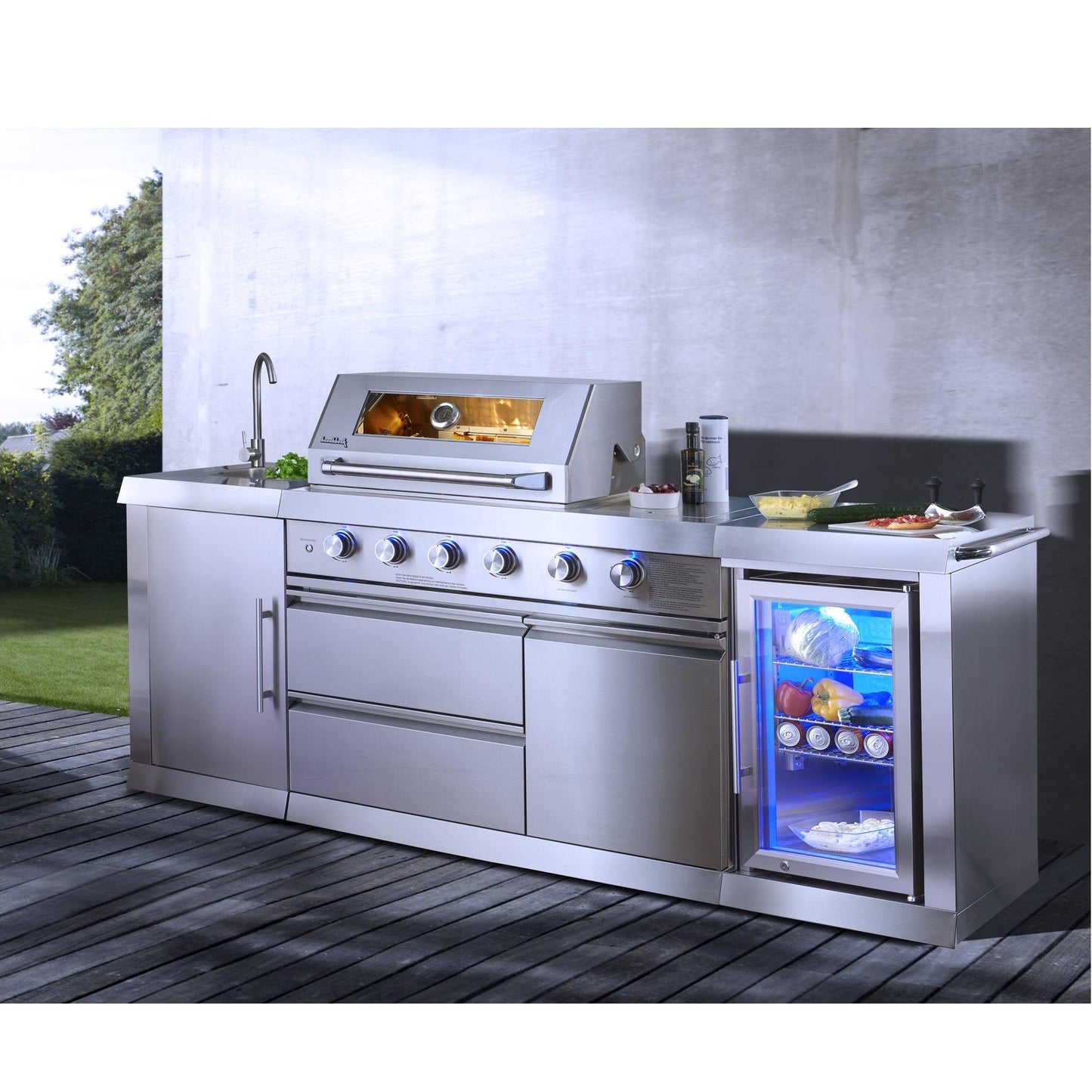 Buschbeck Oxford 4-Burner Stainless Steel Outdoor Kitchen with Built-in Fridge, Sink, and Side Burner