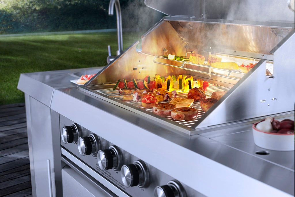 Buschbeck Oxford 4-Burner Stainless Steel Outdoor Kitchen with Built-in Fridge, Sink, and Side Burner