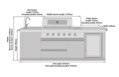Buschbeck Oxford 4-Burner Stainless Steel Outdoor Kitchen with Built-in Fridge, Sink, and Side Burner
