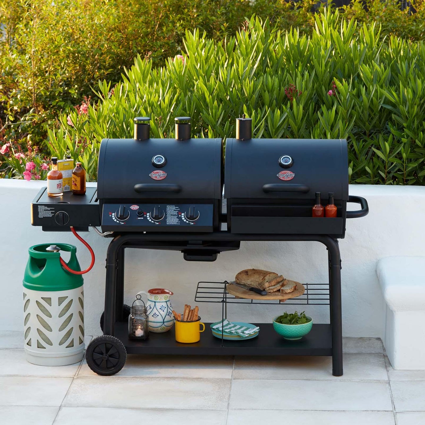 Char-Griller Duo 5050 Gas and Charcoal BBQ Grill with Side Burner - Versatile Outdoor Cooking